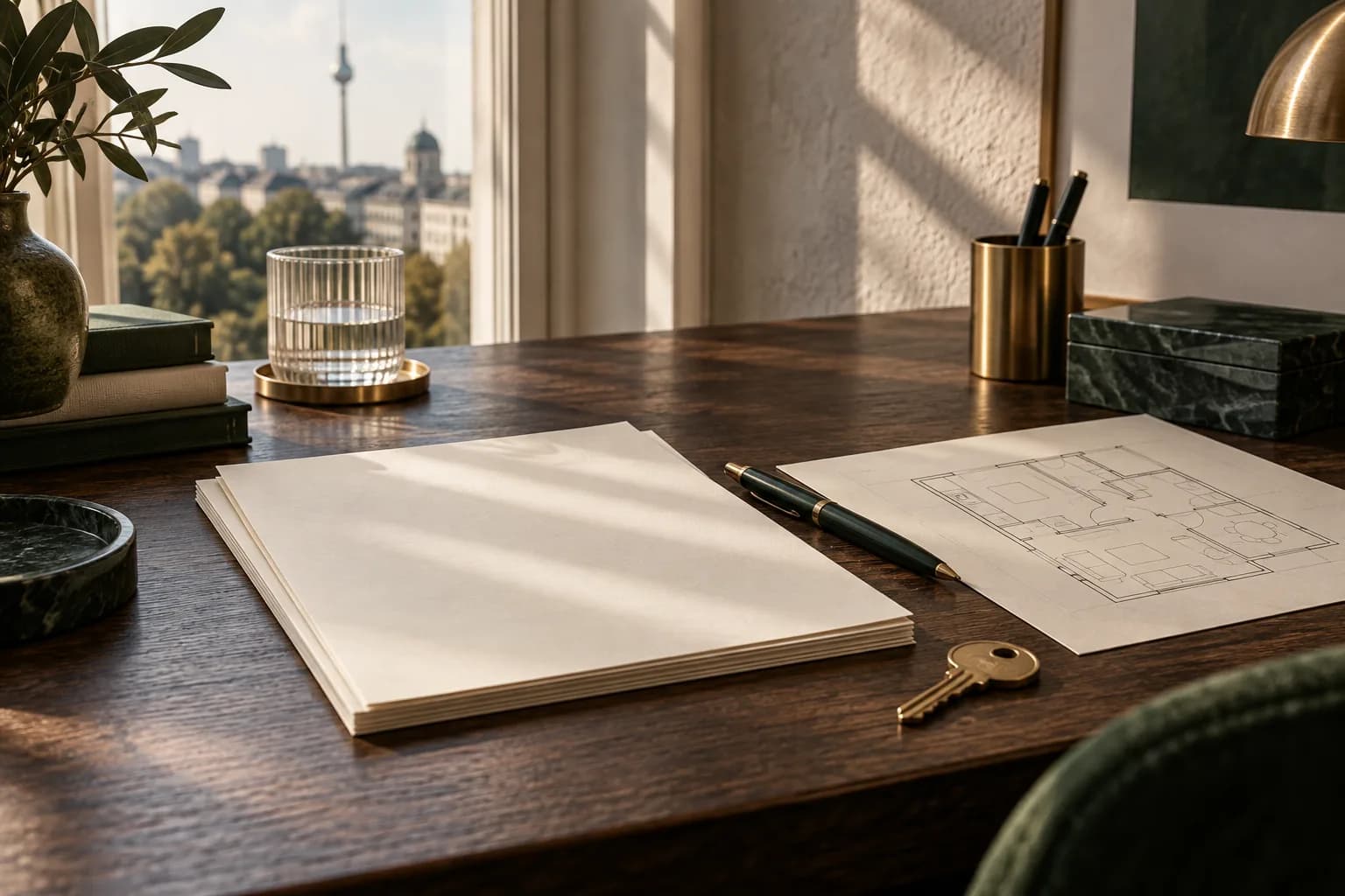 Illustrative Arbeitsszene mit Unterlagen, Grundriss und Schlüssel auf einem Schreibtisch