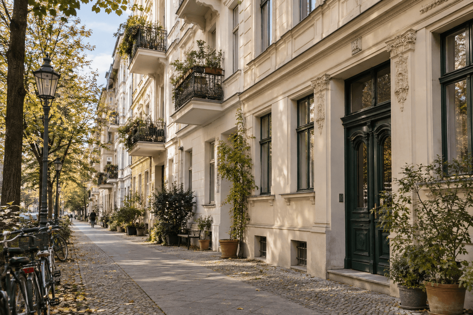 Illustrative Berliner Altbaufassade in warmem Morgenlicht