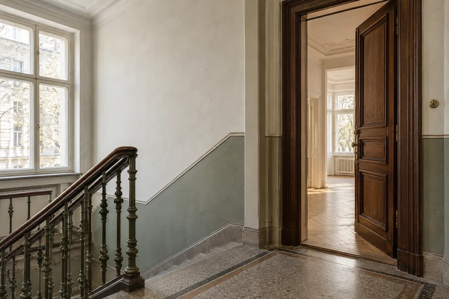 Illustratives Berliner Altbautreppenhaus mit Blick durch eine geöffnete Wohnungstür