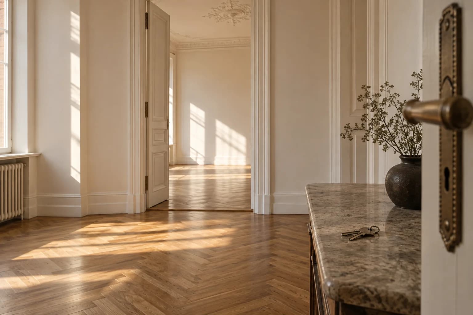 Illustrative leere Berliner Altbauwohnung mit Schlüssel auf einer Konsole im warmen Morgenlicht