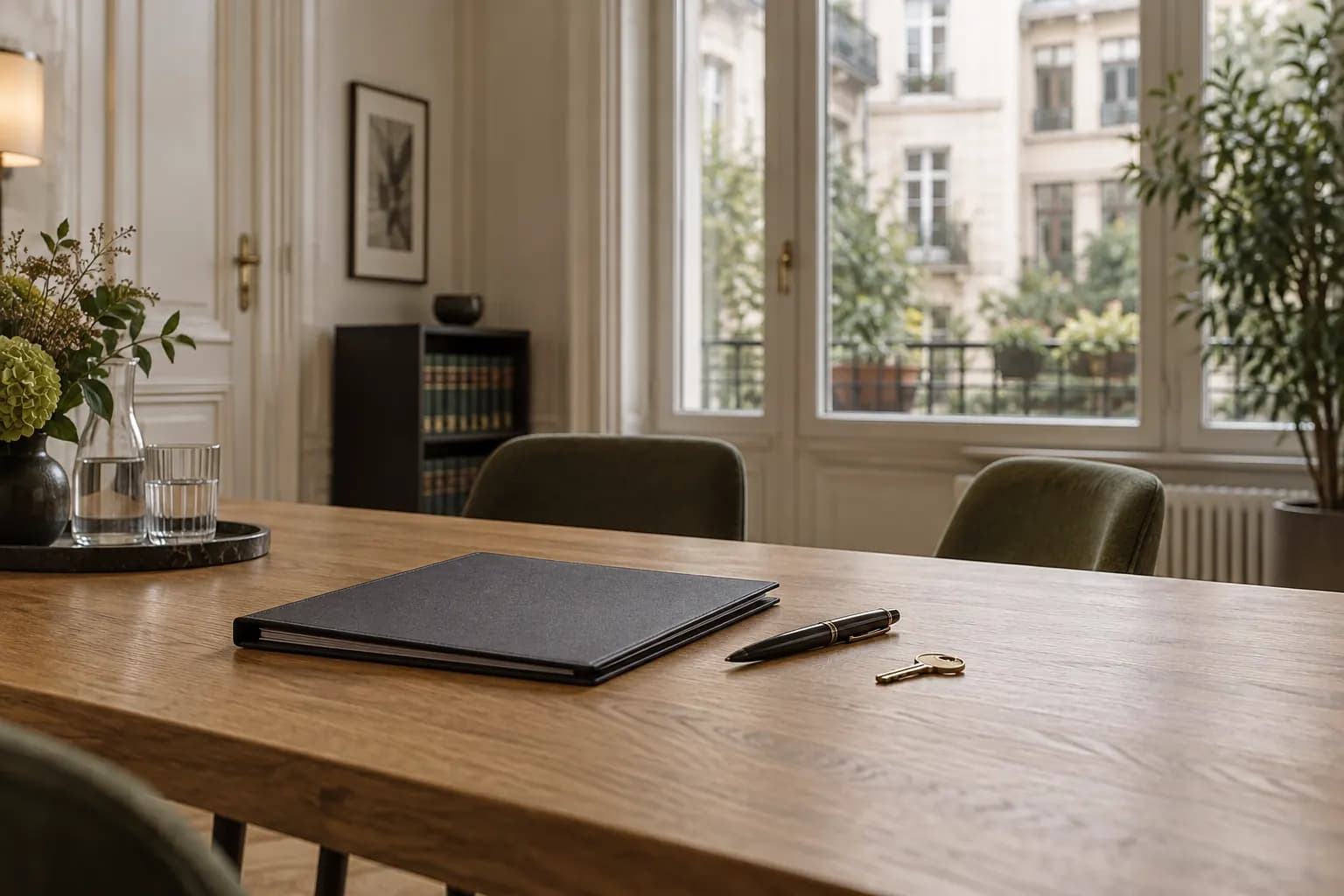 Illustrativer Besprechungstisch mit geschlossener Mappe, Stift und Schlüssel