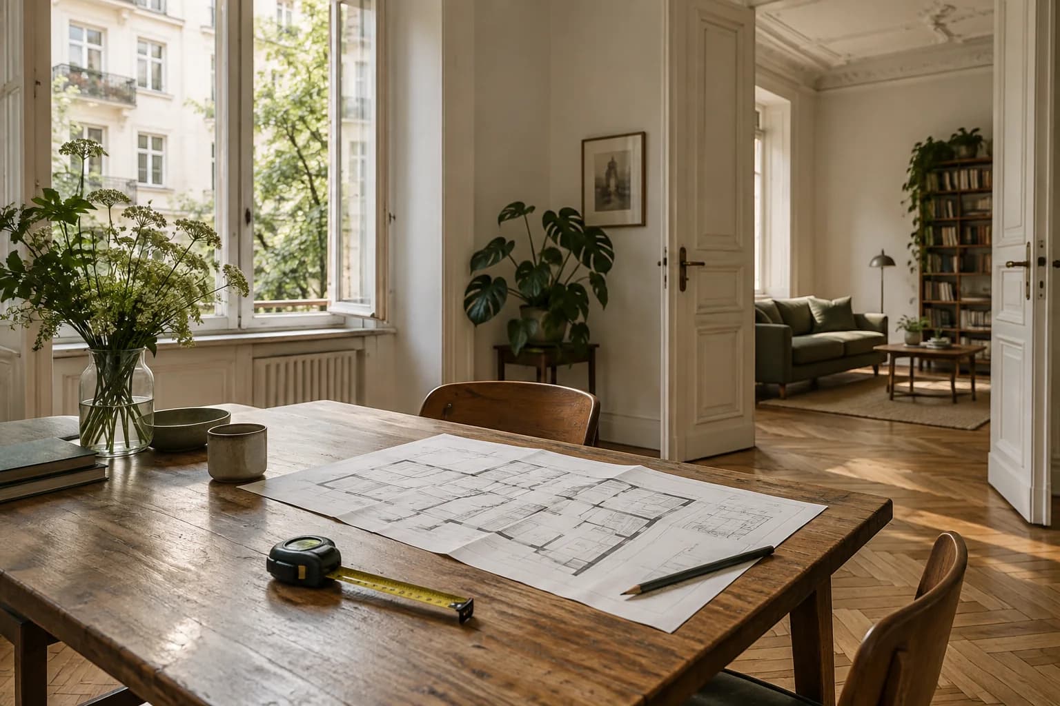 Illustrative Berliner Altbauwohnung mit Grundriss auf dem Tisch