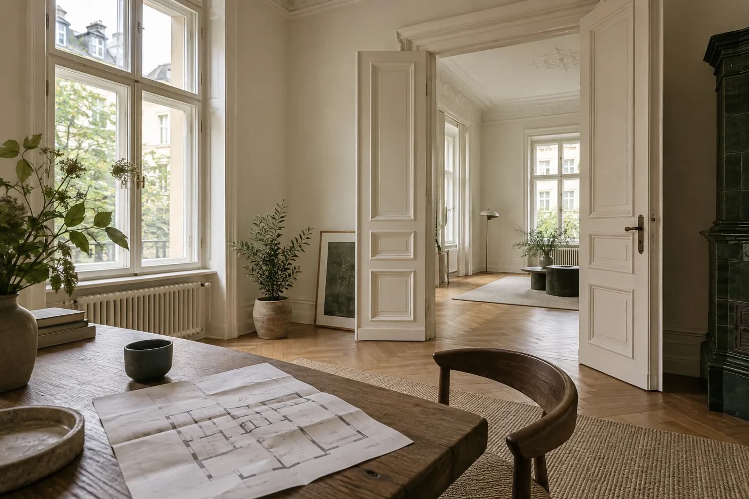 Illustratives Berliner Altbauinterieur mit Grundriss auf einem Tisch